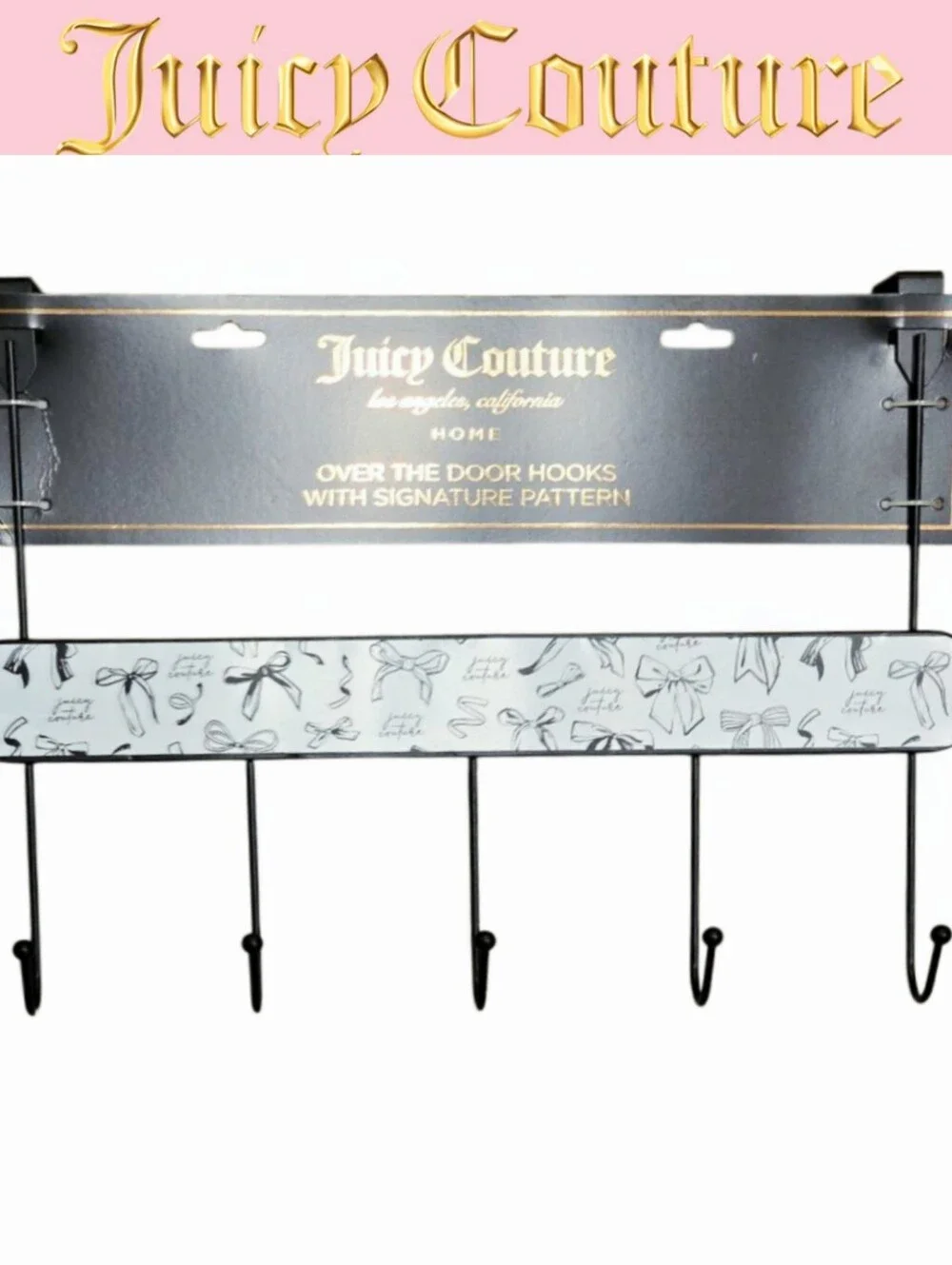 Juicy Couture Home Script Logo Bows Pattern Panel Metal Over-The-Door Hooks